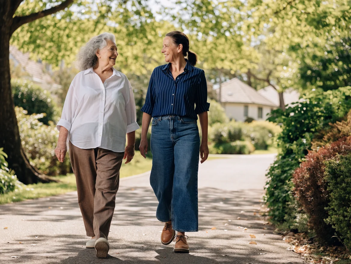 An older woman and a support worker smile at each other as they walk side by side along a leafy, tree-lined path.