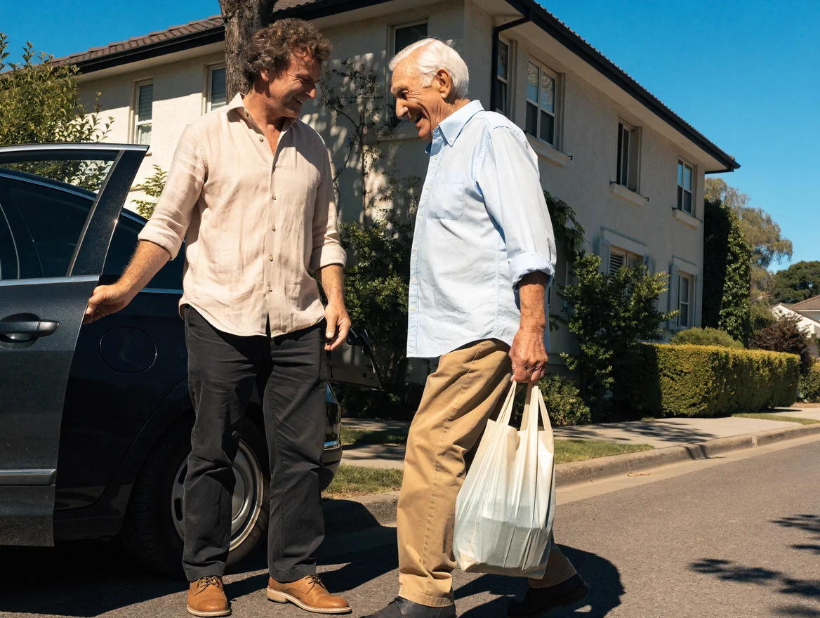 A support worker opens a car door for an older man carrying a shopping bag on a leafy street.