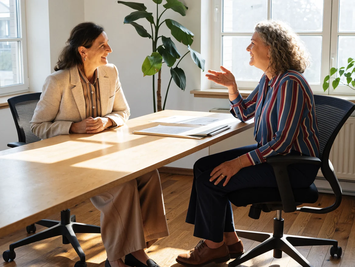 Two women smile and talk across a sunlit meeting table, with paperwork laid out between them.