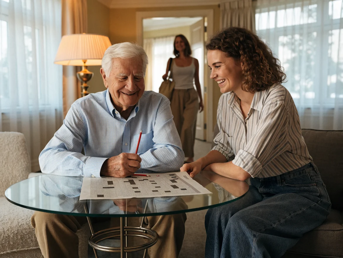 An older man and a support worker do a crossword in a lamp-lit lounge room while his daughter heads out.